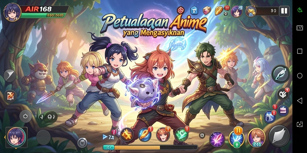 Screenshot utama AIR168 menampilkan pertarungan karakter Anime yang dinamis.