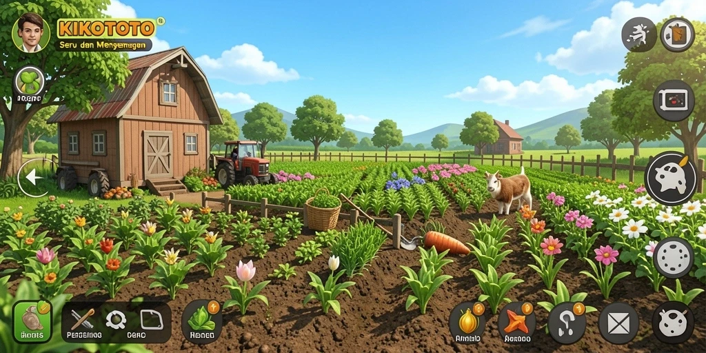 Tampilan gameplay KIKOTOTO dengan ladang hijau yang subur dan tanaman beragam.