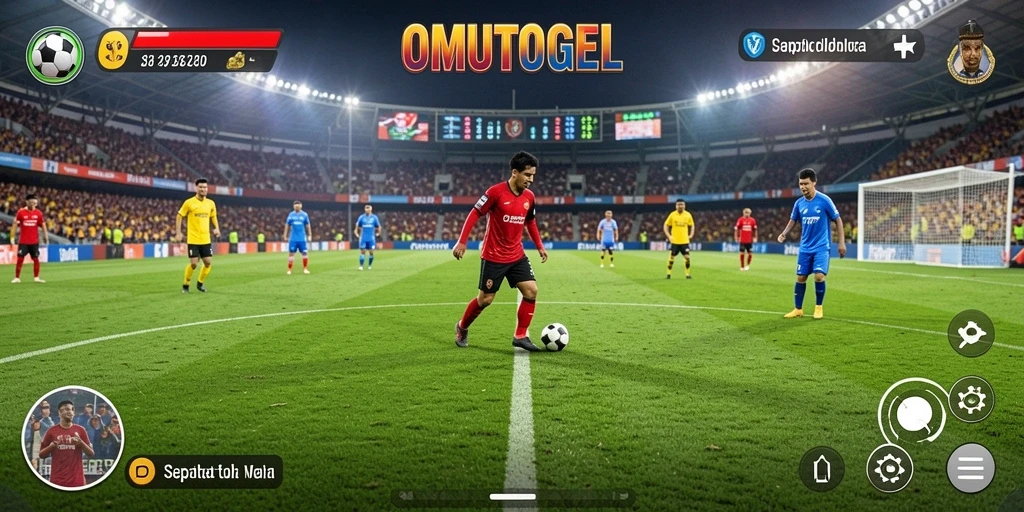 Tangkapan layar gameplay OMUTOGEL menampilkan aksi seru dalam pertandingan sepak bola.