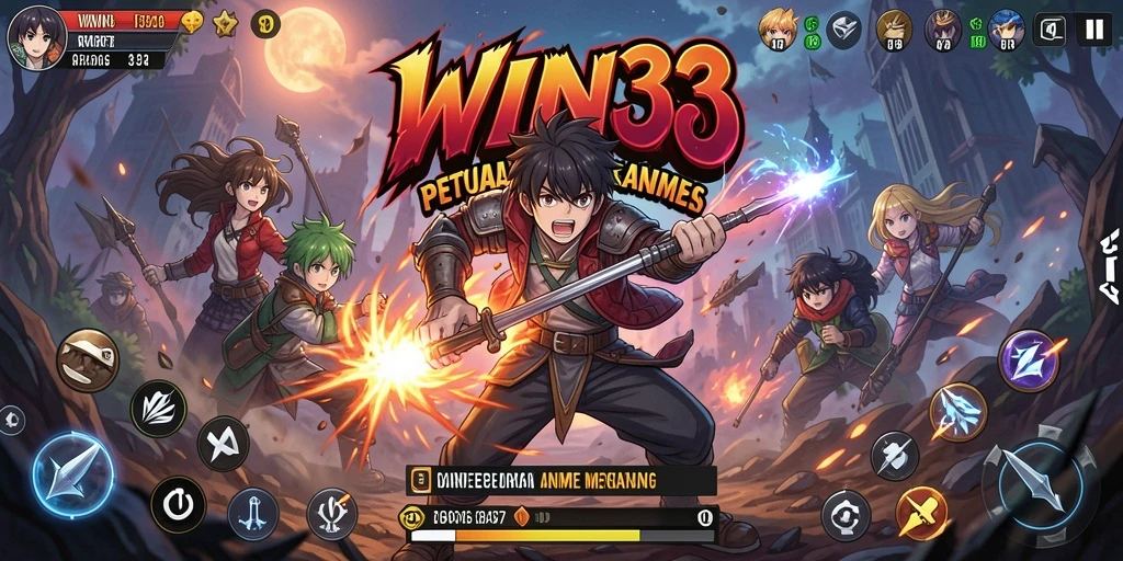 Screenshot dari gameplay WIN33 menunjukkan aksi karakter anime yang mendebarkan.